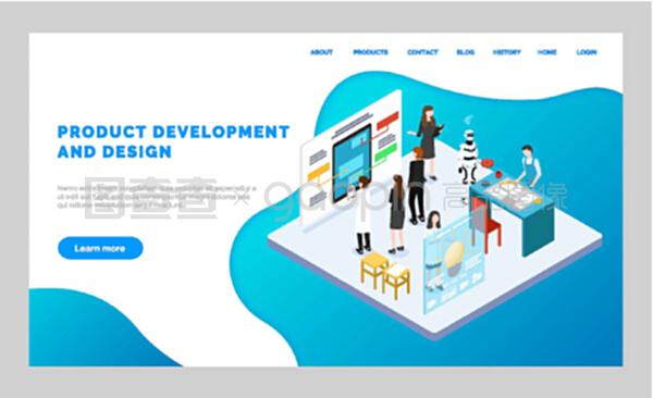 軟件產品開發和設計網站。從事工程、制造過程的人員。移動應用程序模型板。平面網頁矢量插圖。產品開發和設計網頁,模型